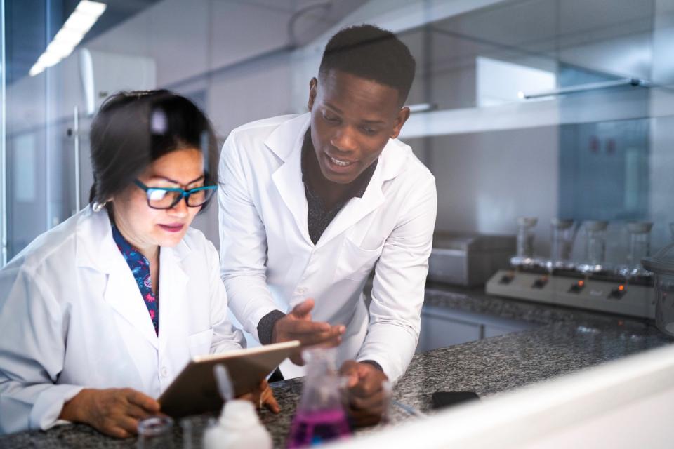 Two scientists discuss something in a lab.