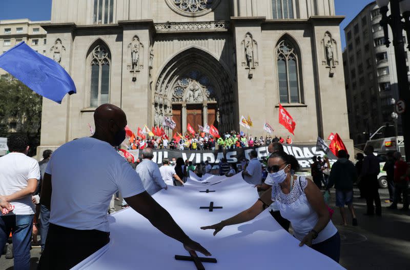 Tribute to the 100 thousand mortal victims of the coronavirus disease (COVID-19) and a protest against Brazil's President Jair Bolsonaro, in Sao Paulo