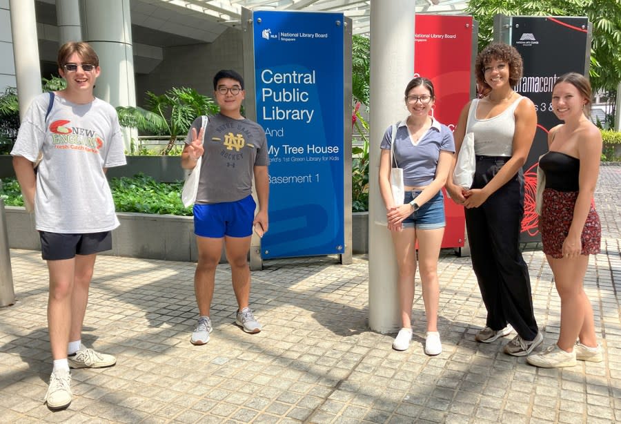 From left, Ethan Forsberg, Michael Andal, Jacinda Garcia, Addison Cox and Kylie McDonald at Singapore National Library(Monmouth College)