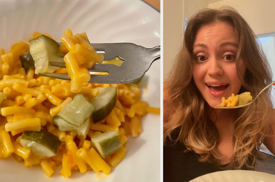 Hannah eating mac 'n' cheese with pickles