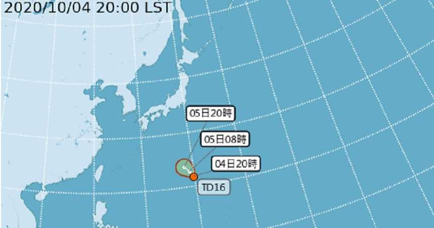 中央氣象局4日晚間發布「颱風消息」，位在關島北北西方海面的擾動已經增強，正式升格為熱帶性低氣壓，有發展為今年第14號颱風昌鴻（Chan-hom，寮國命名，意即樹名）的趨勢。（圖／中央氣象局）