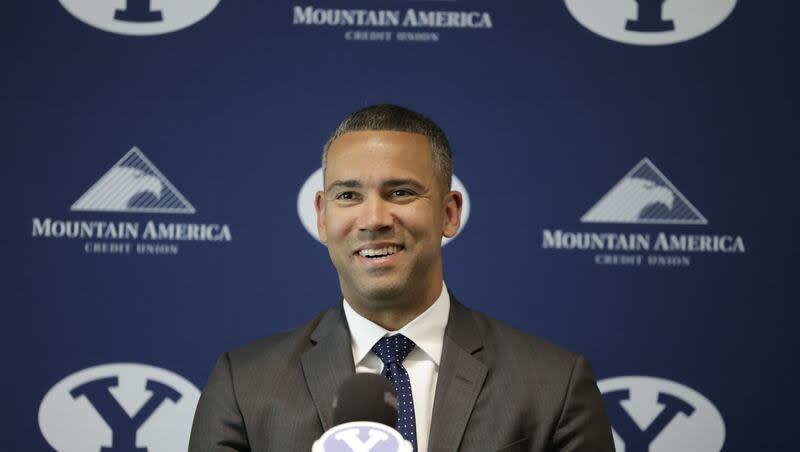 New BYU assistant men’s basketball coach Kahil Fennell is introduced at a press conference in Provo, Utah, on May 27, 2022.