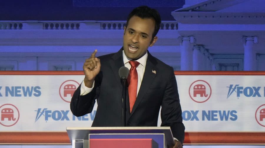 <em>Republican presidential candidate businessman Vivek Ramaswamy speaks during a Republican presidential primary debate hosted by FOX News Channel on Wednesday, Aug. 23, 2023, in Milwaukee.</em> (AP Photo/Morry Gash)