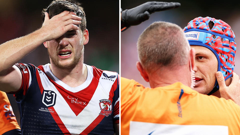 Luke Keary and Kalyn Ponga are both pictured in the moments after suffering knocks to the head during NRL games.