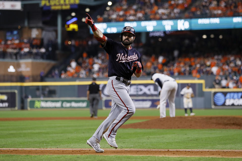 Washington Nationals' Adam Eaton celebrates after a home run off Houston Astros relief pitcher Josh James during the eighth inning of Game 2 of the baseball World Series Wednesday, Oct. 23, 2019, in Houston. (AP Photo/Matt Slocum)