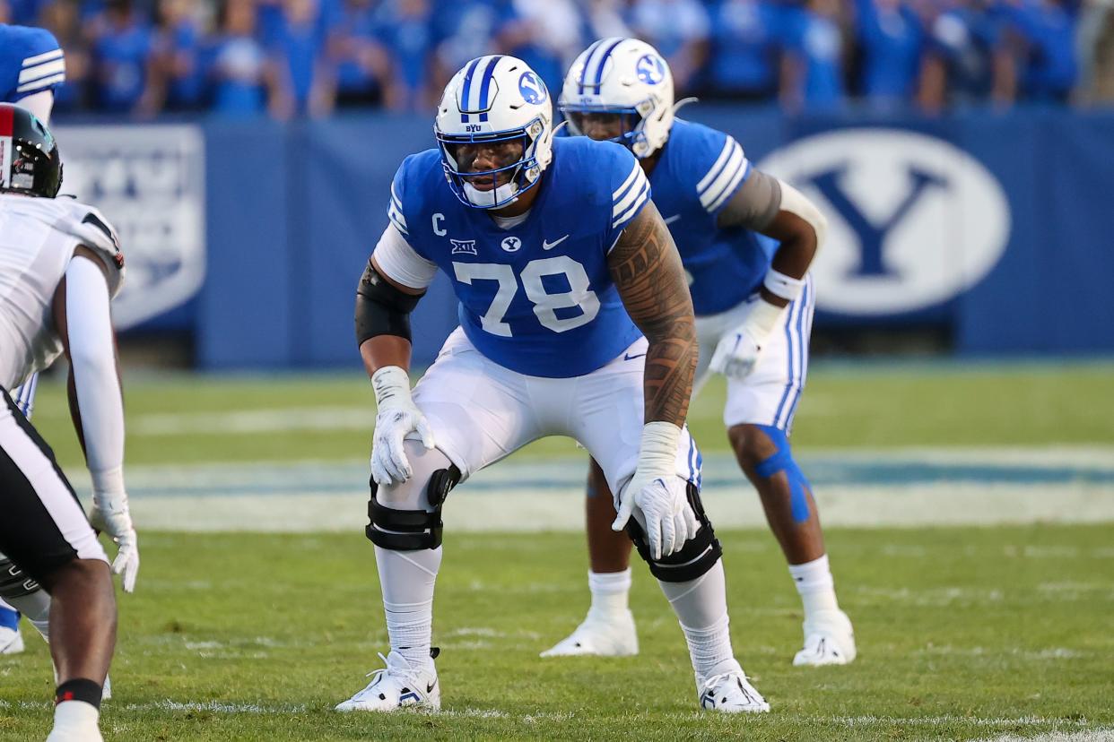 Oct 21, 2023; Provo, Utah, USA; Brigham Young Cougars offensive lineman Kingsley Suamataia (78) prepares to block against the Texas Tech Red Raiders in the first half at LaVell Edwards Stadium. Mandatory Credit: Rob Gray-USA TODAY Sports