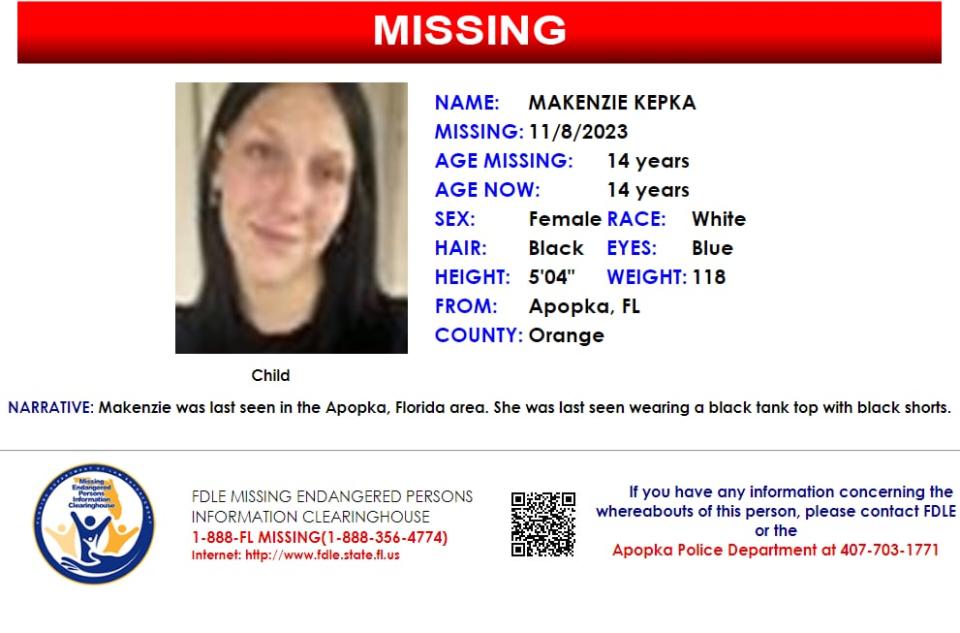 Makenzie Kepka was last seen in the Apopka area on Nov. 8, 2023.