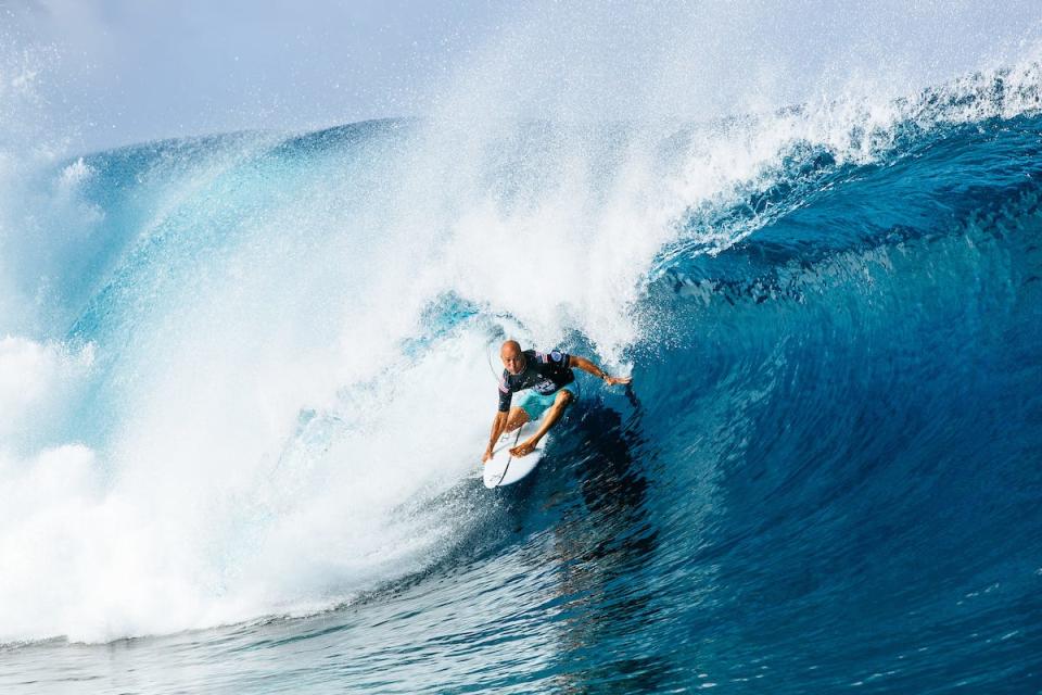 Eleven-time WSL Champion Kelly Slater of the United States surfs in Heat 2 of the Quarterfinals at the Outerknown Tahiti Pro on Aug. 19, 2022 at Teahupo'o, Tahiti, French Polynesia.