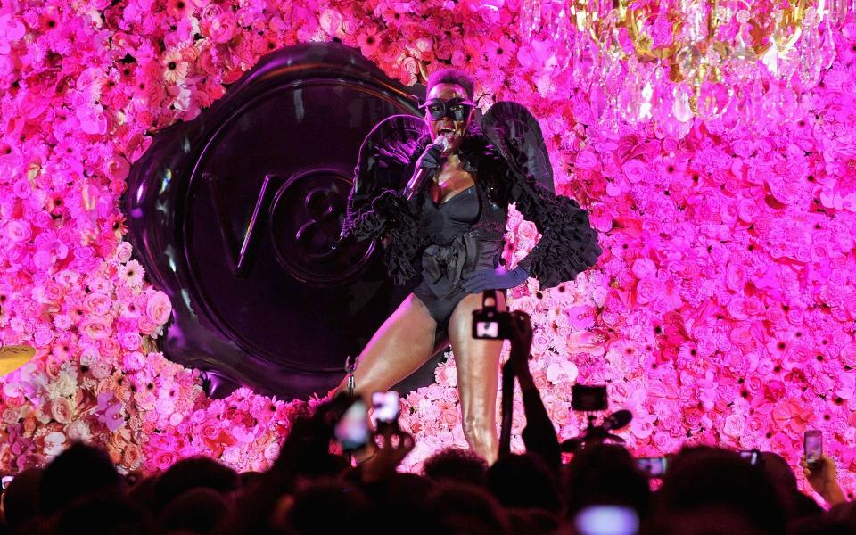 Grace Jones performing during Paris Fashion Week in 2010