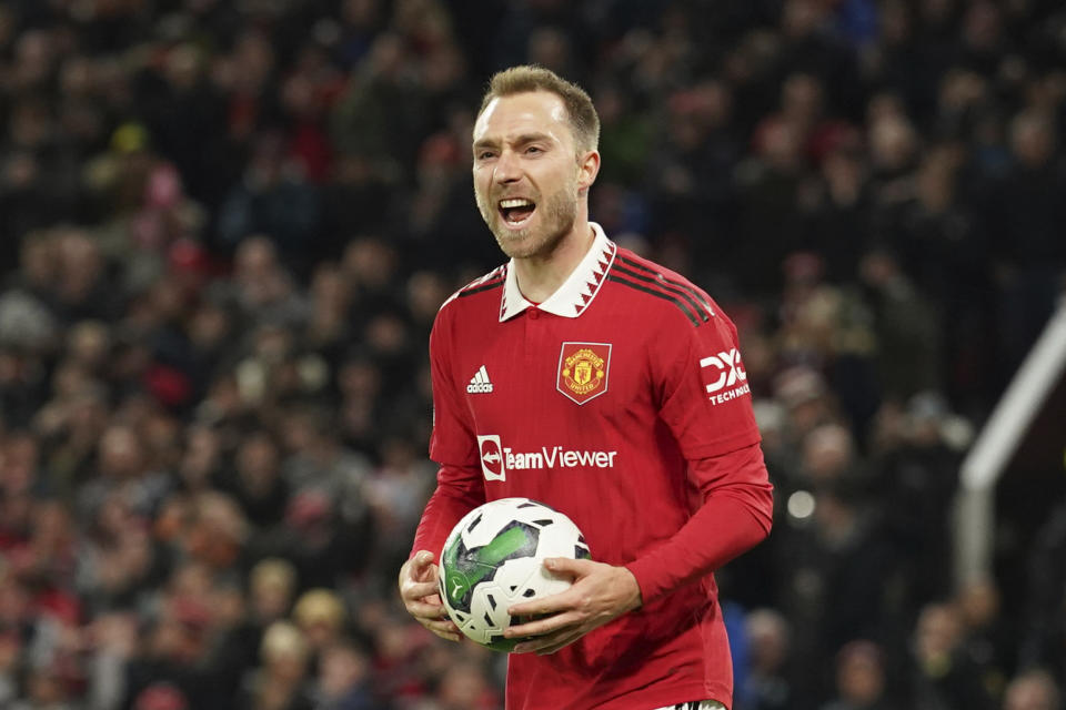 FILE - Manchester United's Christian Eriksen celebrates after scoring the opening goal of the game during the English League Cup 4th round soccer match between Manchester United and Burnley, at Old Trafford in Manchester, England Wednesday, Dec. 21, 2022. In June of 2021, Eriksen collapsed in the 43rd minute of a match against Finland, with doctors later revealing how incredibly close he came to death. (AP Photo/Dave Thompson, File)
