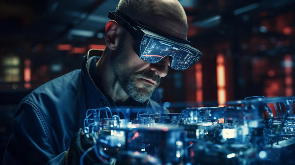 A technician wearing a head-mounted augmented reality headset examining a MEMS device.