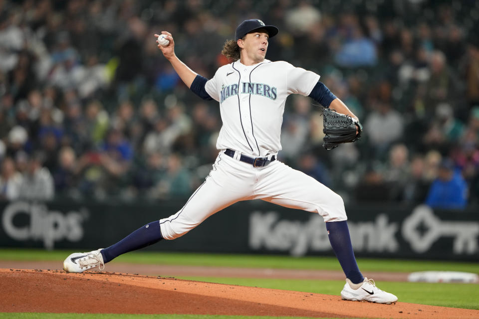 Seattle Mariners starting pitcher Logan Gilbert throws to a Texas Rangers batter during the first inning of a baseball game Thursday, Sept. 28, 2023, in Seattle. (AP Photo/Lindsey Wasson)