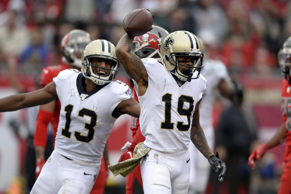 New Orleans Saints wide receiver Ted Ginn Jr., (19) celebrates his touchdown against the Tampa Bay Buccaneers with wide receiver Michael Thomas (13) during the second half of an NFL football game Sunday, Nov. 17, 2019, in Tampa, Fla. (AP Photo/Jason Behnken)