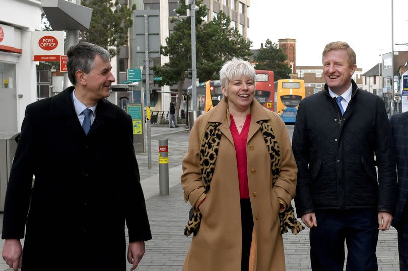Cllr Philip Jackson, Lia Nici MP and Deputy Prime Minister Oliver Dowden in Grimsby town centre the other month when £120m scrapped HS2 cash was announced for North East Lincs