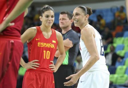 2016 Rio Olympics - Basketball - Final - Women's Gold Medal Game USA v Spain - Carioca Arena 1 - Rio de Janeiro, Brazil - 20/8/2016. Marta Xargay (ESP) of Spain looks at Diana Taurasi (USA) of USA as Taurasi reacts after a score. REUTERS/Shannon Stapleton