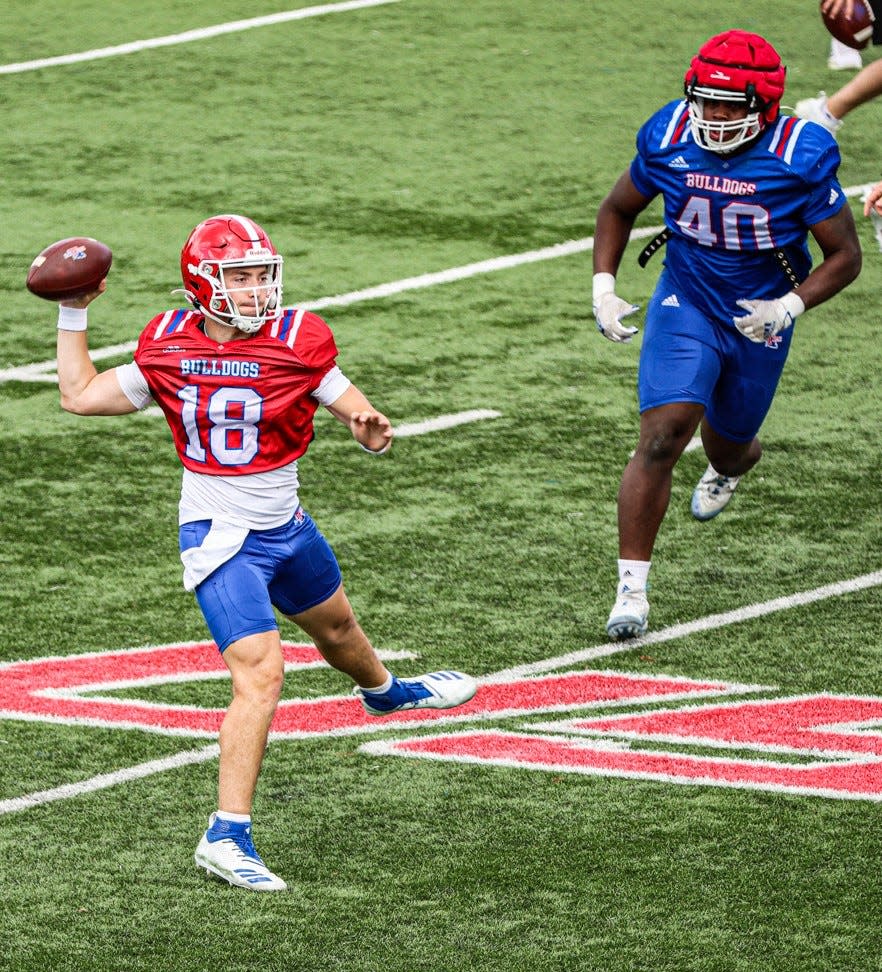 Former Calvary quarterback Landry Lyddy launches a pass during the Louisiana Tech spring game.