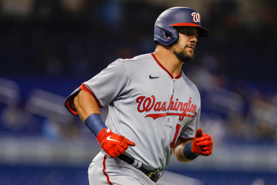 Nationals outfielder Kyle Schwarber circles the bases after his leadoff home run against the Marlins on Thursday.