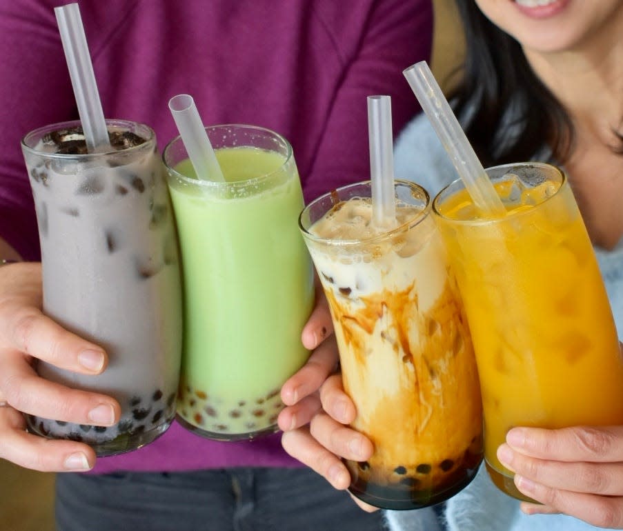 Pop Bubble Tea will open in spring/summer 2022. Pictured: Taro milk tea with tapioca pearls, honeydew fruit tea with crystal pearl, brown sugar milk tea with brown sugar and mango fruit tea.