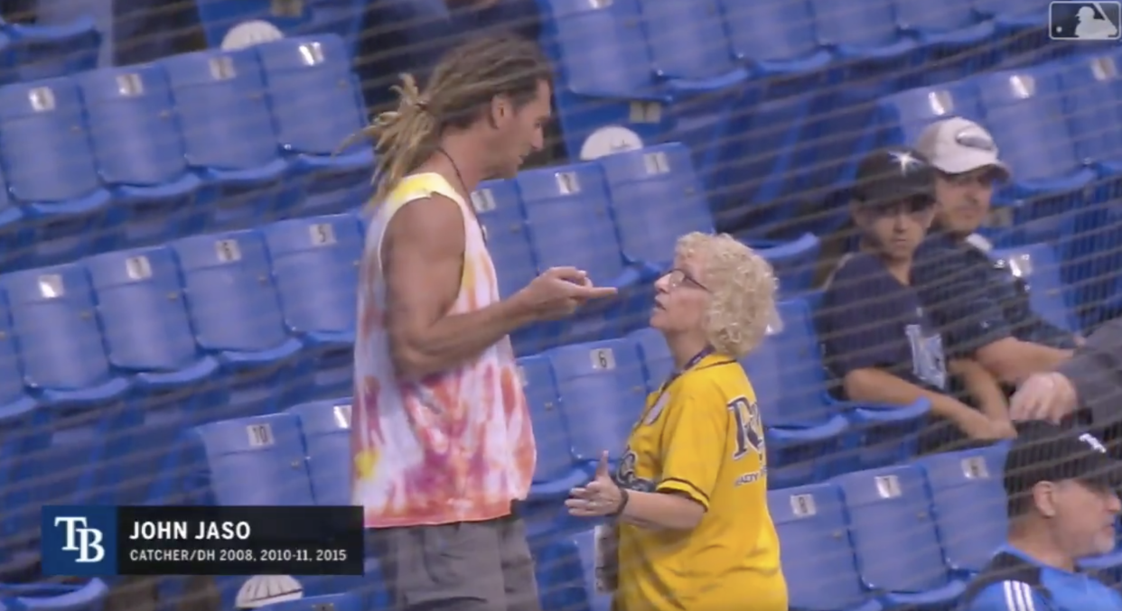 An usher denies retired MLB player John Jaso access to his Rays teammates and coaches. (MLB.com screenshot)