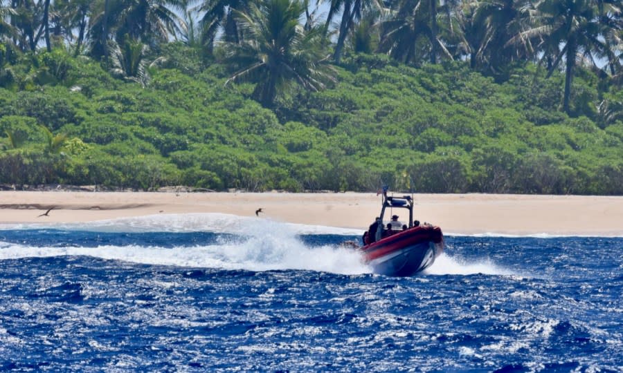 The crew of USCGC Oliver Henry (WPC 1140) rescues three mariners stranded on Pikelot Atoll, Yap State, Federated States of Micronesia, on April 9, 2024. Watchstanders at Joint Rescue Sub-Center Guam received a distress call from a relative of the three mariners on April 6, 2024, reporting her three uncles departed Polowat Atoll, Chuuk State, Easter Sunday for Pikelot Atoll, approximately 100 nautical miles northwest and had not returned, prompting the search. (U.S. Coast Guard photo)