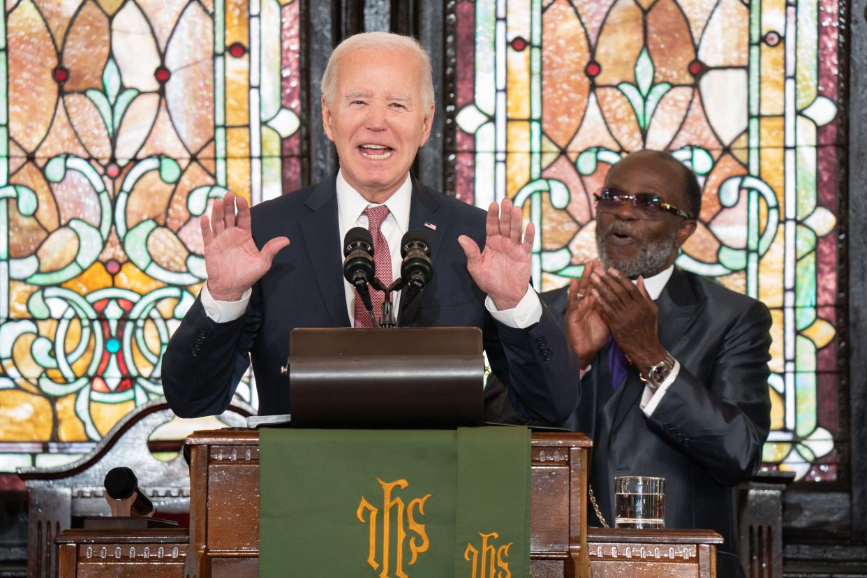 President Joe Biden speaks during a campaign event at Mother Emanuel African Methodist Episcopal Church on Jan. 8 in Charleston, S.C. The church was the site of a 2015 shooting massacre perpetrated by a white supremacist.