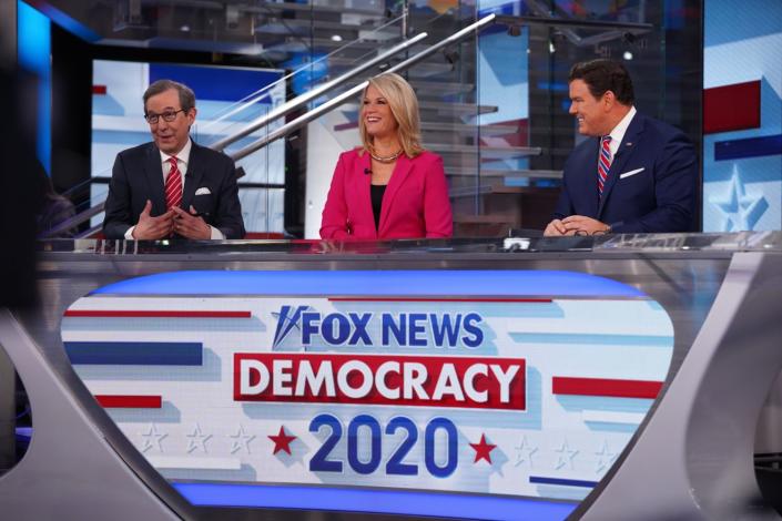 &quot;Fox News Sunday&quot; host Chris Wallace with co-anchors Martha MacCallum and Bret Baier during Super Tuesday coverage.