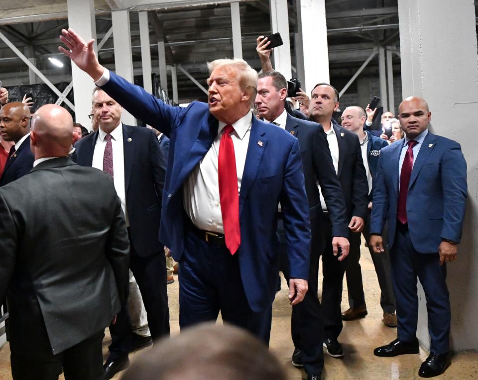 September 28, 2024; Tuscaloosa, Alabama, USA; Former President and current Republican presidential candidate Donald J. Trump visits Bryant-Denny Stadium for the Alabama-Georgia football game. Mandatory attribution: Gary Cosby Jr.-Imagn Images