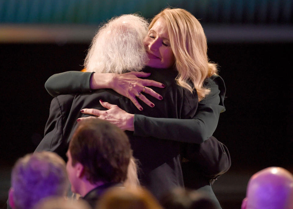 The Marriage Story star hugged her dad, Bruce Dern, after winning the award for Outstanding Performance by a Female Actor in a Supporting Role in a Motion Picture in January 2020.