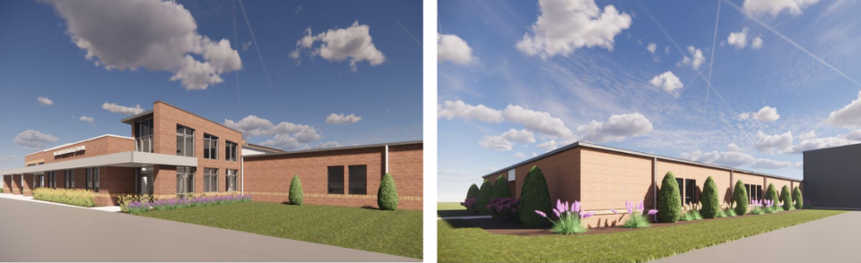 These renderings from FGM Architects show the main entrance on the east side of the building that will have the expanded cafeteria and administrative offices (left) and the classroom addition on the west side (right). Provided