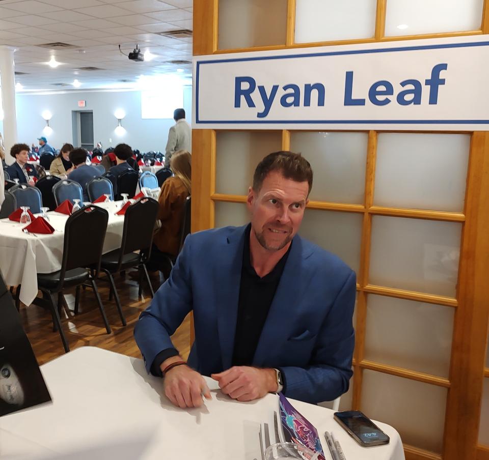 Former NFL quarterback Ryan Leaf interacts with fans at the 48th annual Hornell Sports Night Saturday, April 13, 2024 at The Main Place. The event supports the Special Olympics.