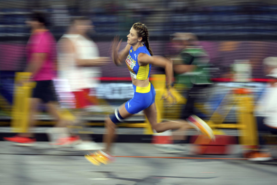 Yaroslava Mahuchikh, of Ukraine, makes an attempt in the women's high jump final at the the European Athletics Championships in Rome, Sunday, June 9, 2024. (AP Photo/Andrew Medichini)