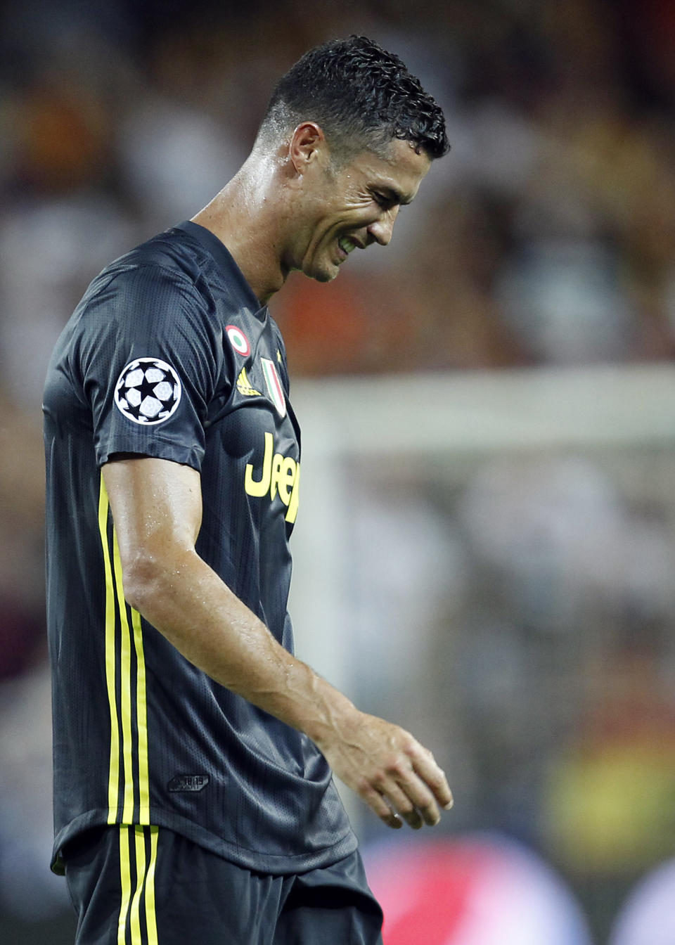 FILE - In this Wednesday, Sept. 19, 2018 file photo, Juventus forward Cristiano Ronaldo reacts after receiving a red card during the Champions League, group H soccer match between Valencia and Juventus, at the Mestalla stadium in Valencia, Spain. Lawyers for a Nevada woman who has accused Cristiano Ronaldo of raping her say a psychiatrist determined she suffers post-traumatic stress and depression because of the alleged 2009 attack in Las Vegas. Kathryn Mayorga's attorney, Leslie Stovall, told reporters Wednesday that the psychiatrist's medical opinion is that Mayorga's psychological injuries made her "incompetent" to legally reach a non-disclosure settlement with Ronaldo's representatives in 2010. (AP Photo/Alberto Saiz, File)