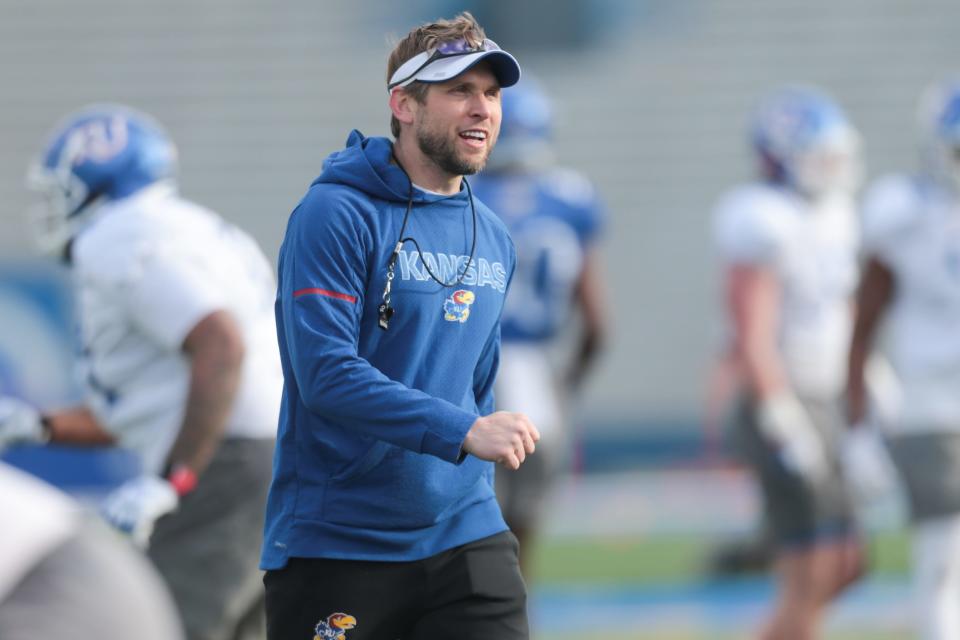 Jordan Peterson, then with Kansas football, oversees a Jayhawks practice back in 2022.