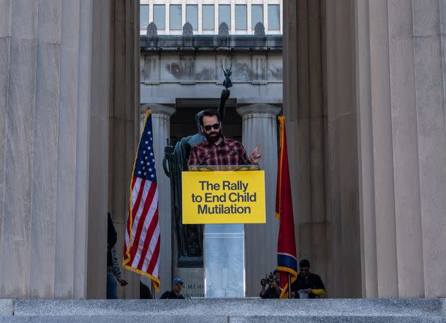 Walsh speaks during a rally against gender-affirming care in Nashville, Tennessee, at the War Memorial Plaza on Oct. 21, 2022.