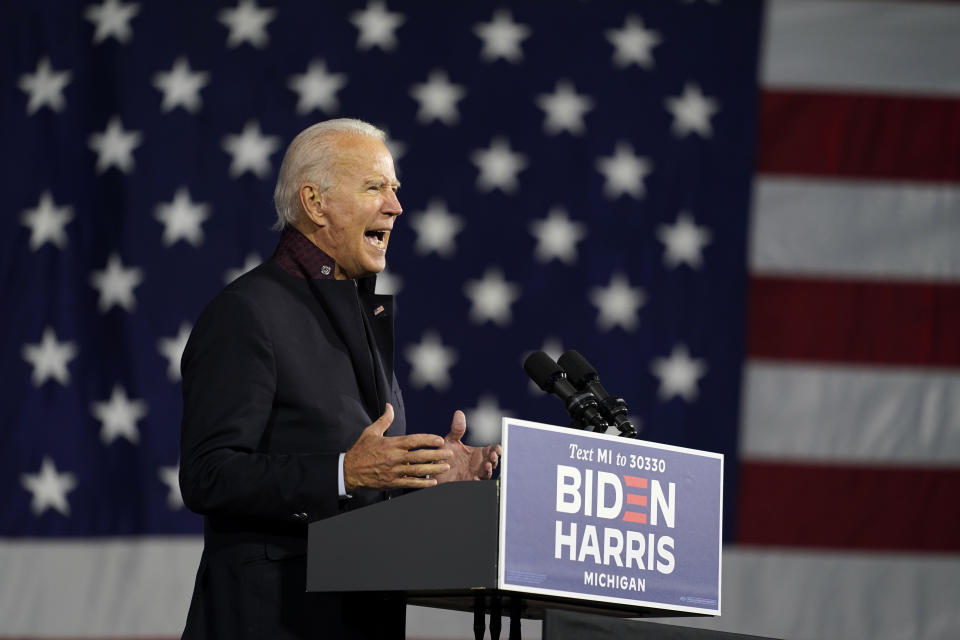 Democratic presidential candidate former Vice President Joe Biden speaks at Michigan State Fairgrounds in Novi, Mich., Friday, Oct. 16, 2020. (AP Photo/Carolyn Kaster)