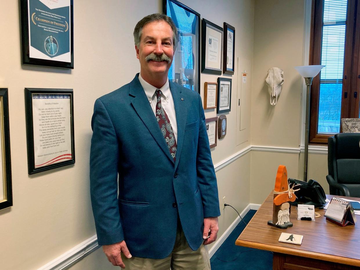 Republican Missouri state Sen. Mike Moon speaks in his Capitol office on Feb. 1, 2022, in Jefferson City, Mo.