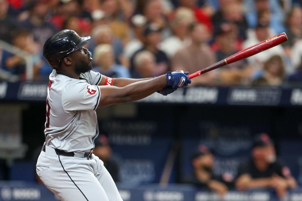 Guardians outfielder Jhonkensy Noel (43) hits an eighth-inning two-run home run at the Tampa Bay Rays, July 13, 2024.