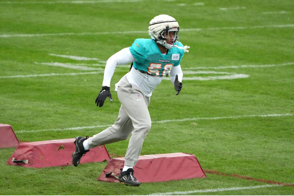 Nov 2, 2023; Frankfurt, Germany; Miami Dolphins linebacker Quinton Bell (56) during practice at the PSD Bank Arena. Mandatory Credit: Kirby Lee-USA TODAY Sports