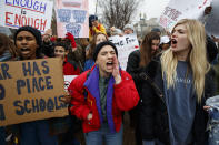 <p>Jane Schwartz, 17, of West Springfield, Va., center, screams during a protest in favor of gun control reform in front of the White House, Monday, Feb. 19, 2018, in Washington. (Photo: Evan Vucci/AP) </p>