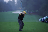 Jack Nicklaus hits a ceremonial first ball before the first round of the Masters golf tournament Thursday, Nov. 12, 2020, in Augusta, Ga. (AP Photo/Chris Carlson)