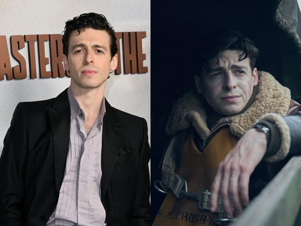 Anthony Boyle at the "Masters Of The Air" UK premiere at Picturehouse Central in London, and as Major Harry Crosby in "Masters of the Air."