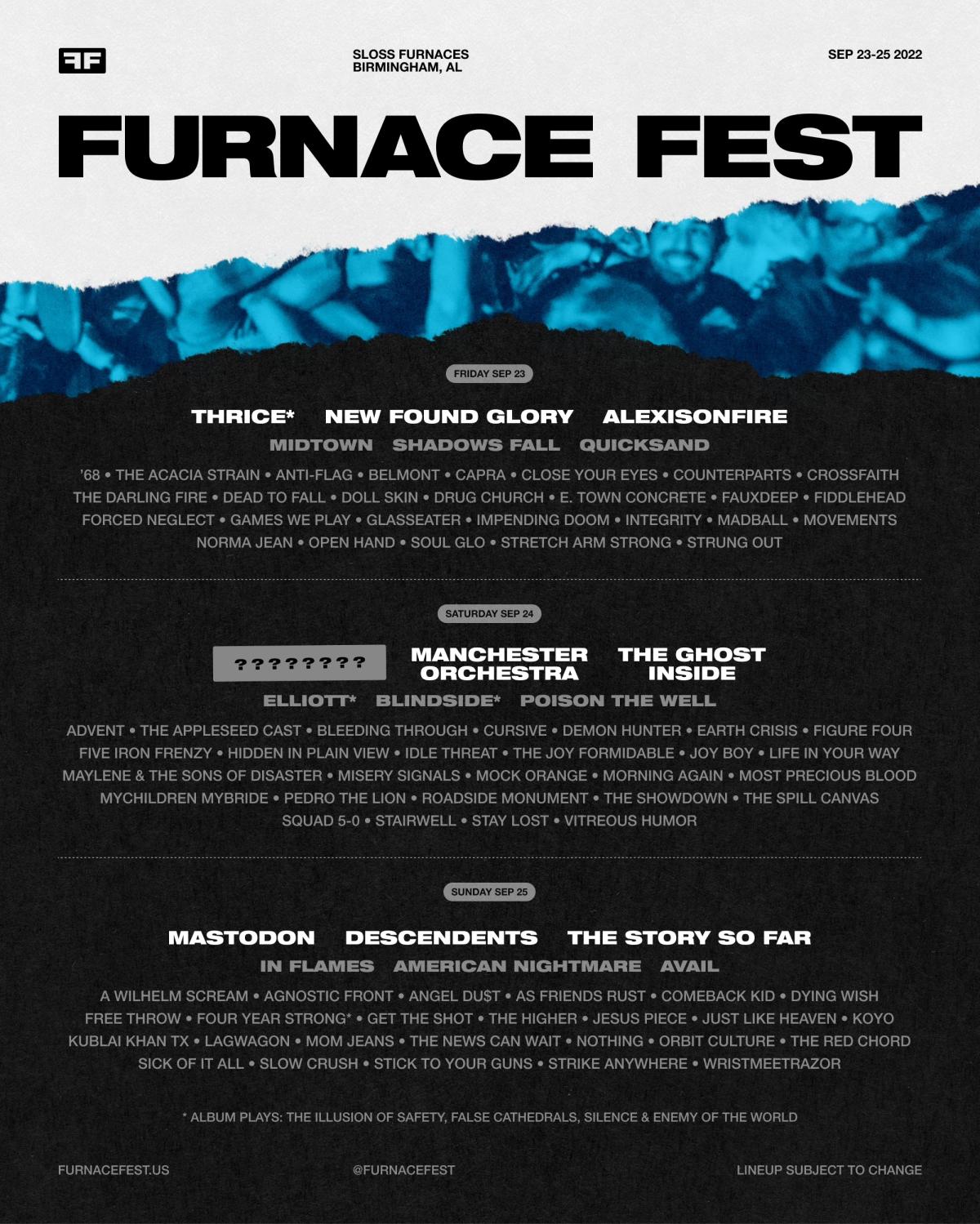 Furnace Fest 2022 Lineup Mastodon, Thrice, Descendents, Alexisonfire, Manchester Orchestra, and