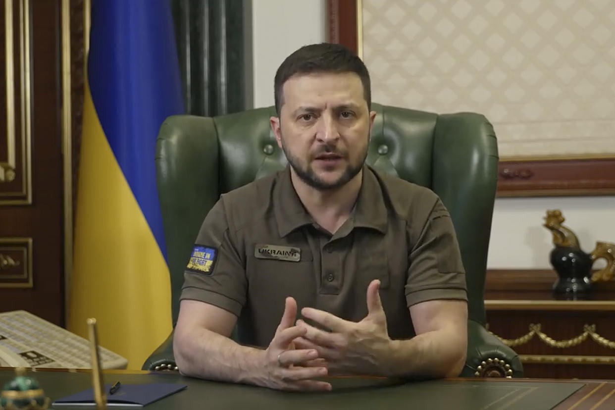 Ukrainian President Volodymyr Zelensky speaks from Kyiv, Ukraine. (Ukrainian Presidential Press Office via AP)