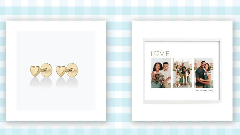 heart shaped stud earrings and photo collage of family