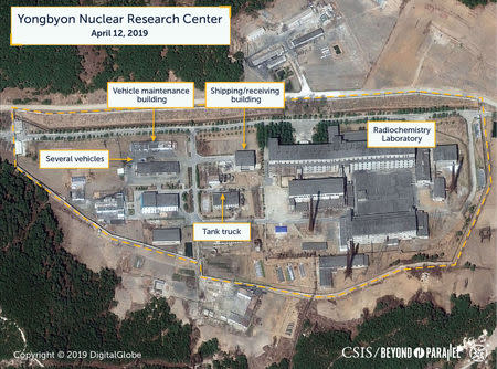 A view of what researchers of Beyond Parallel, a CSIS project, describe as the Radiochemistry Laboratory at the Yongbyon Nuclear Research Center in North Pyongan Province, North Korea, in this commercial satellite image taken April 12, 2019 and released April 16, 2019. CSIS/Beyond Parallel/DigitalGlobe 2019 via REUTERS