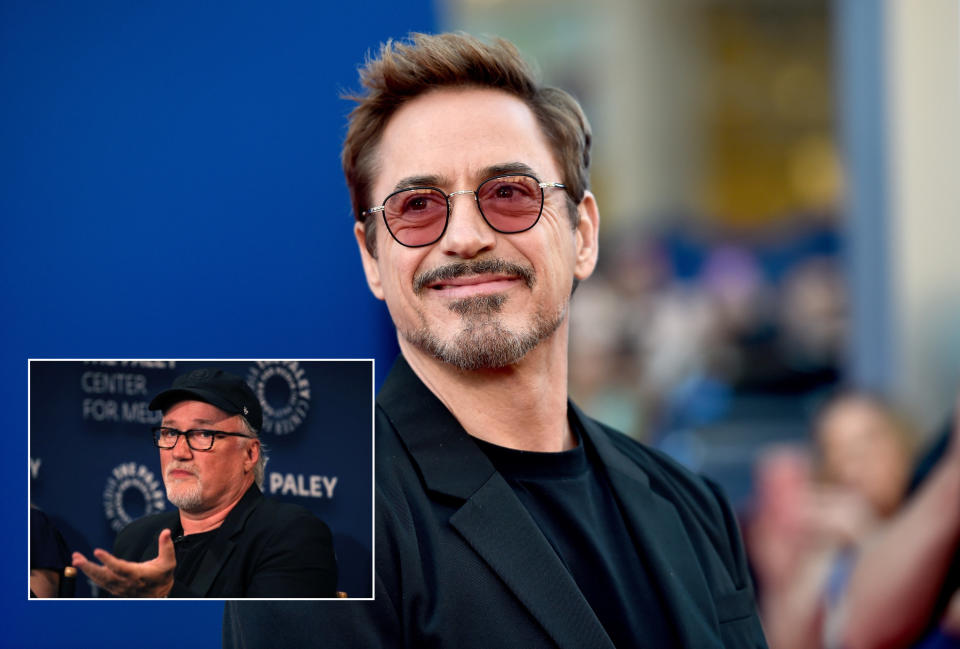 Robert Downey Jr. attends the premiere of Columbia Pictures' "Spider-Man: Homecoming" at TCL Chinese Theatre on June 28, 2017 in Hollywood, California and in the other picture director David Fincher appears on stage at The Paley Center for Media in 2019
