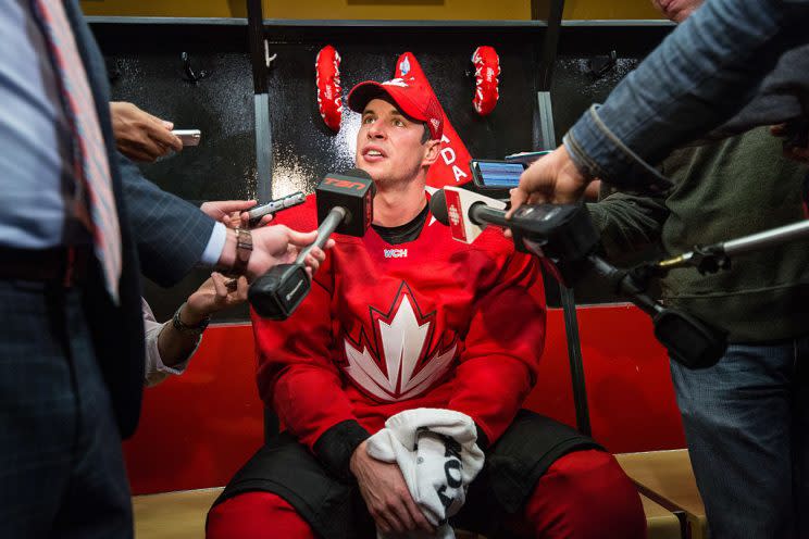 OTTAWA, ON - SEPTEMBER 12: Sidney Crosby #87 of Team Canada answers questions during media availability after practice in preparation for the World Cup of Hockey at Canadian Tire Centre on September 12, 2016 in Ottawa, Ontario, Canada. (Photo by Andre Ringuette/World Cup of Hockey via Getty Images)