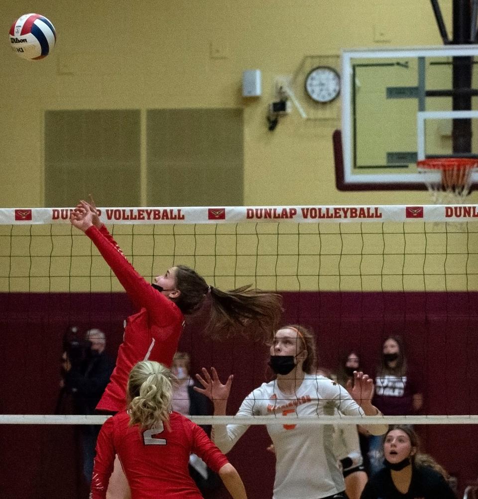 Metamora's Victoria Hall jumps to set the ball during the class 3A sectional final at Dunlap High School on Wednesday, Nov. 3, 2021. The Redbirds beat the Panthers 2-0.
