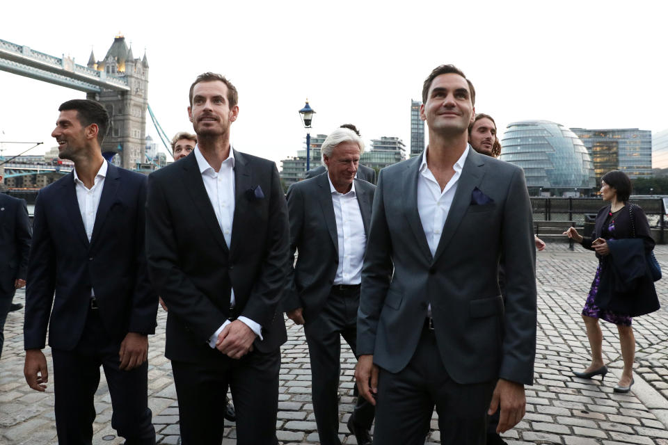 Novak Djokovic, Andy Murray and Roger Federer, pictured here looking on ahead of the Laver Cup in London.