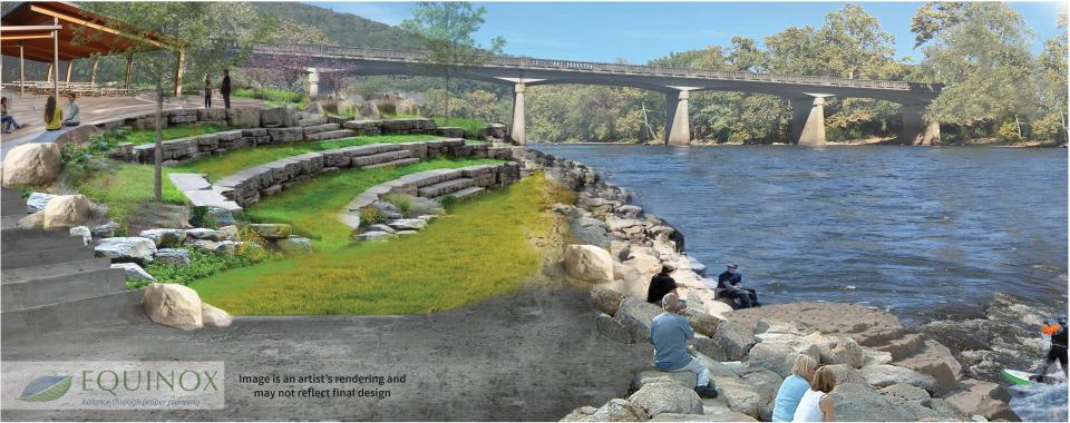 This rendering by Equinox Environmental depicts the spectator slope planned to overlook the Woodfin Whitewater Wave, part of the Woodfin Greenway/Blueway Project underway.